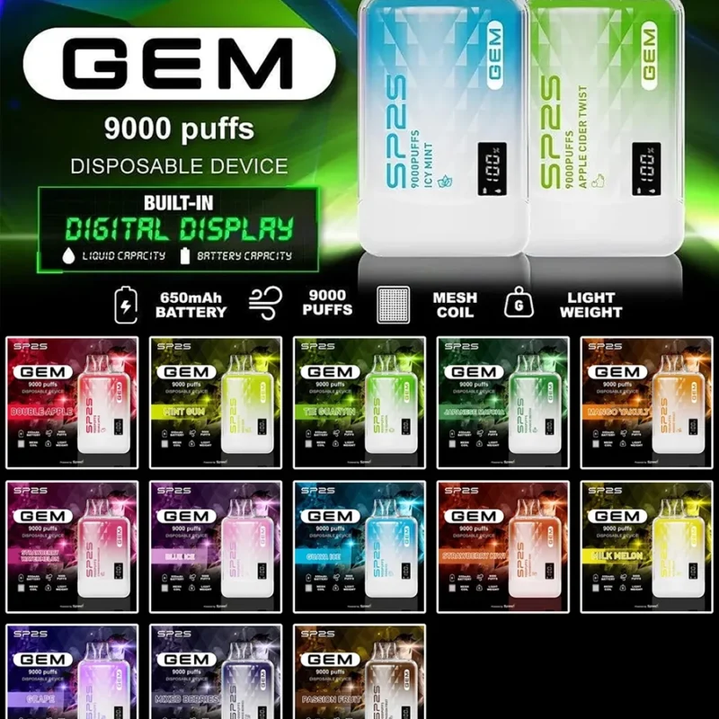【10種口味】SP2S GEM 9000口拋棄式電子煙｜高清顯示屏｜持久煙感｜精緻設計