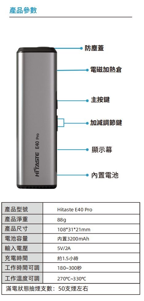 HiTaste E40 Pro 二回機操作說明圖,開關機、加熱啟動、溫度調節教學,TEREA專用
